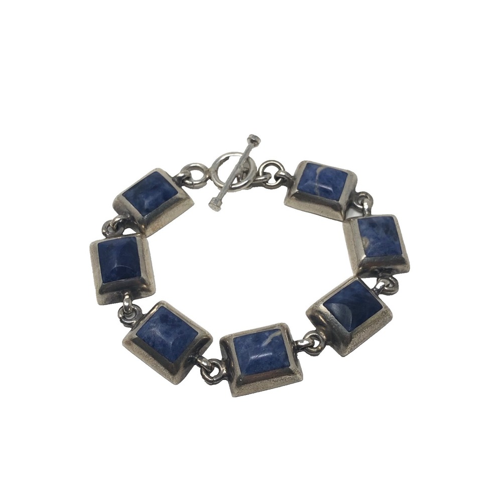Stone Chain Bracelet‎ Womens 8 Inch Blue Silver Boho Artsy Indie
